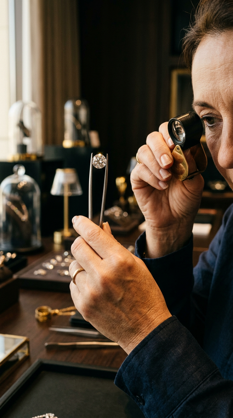 Gemologist inspecting a diamond with a loupe